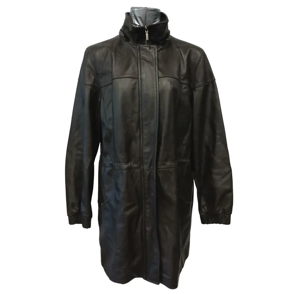 JLC‎ New York Womens Genuine Leather Parka Coat Fur Hood Zip Up Pockets Size M